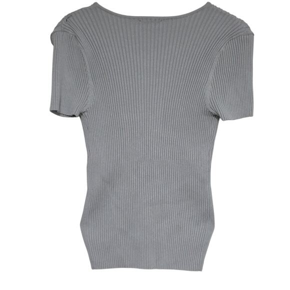 Womens Sz L Gray Silk Blend Y2K Fairy Grunge Ribbed Stretchy V-Neck Knit Top - Picture 2 of 9